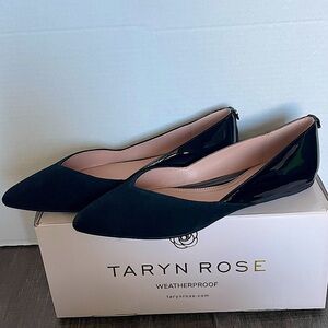 Taryn Rose Francine Suede/patent Point Toe Flats Black Sz 8